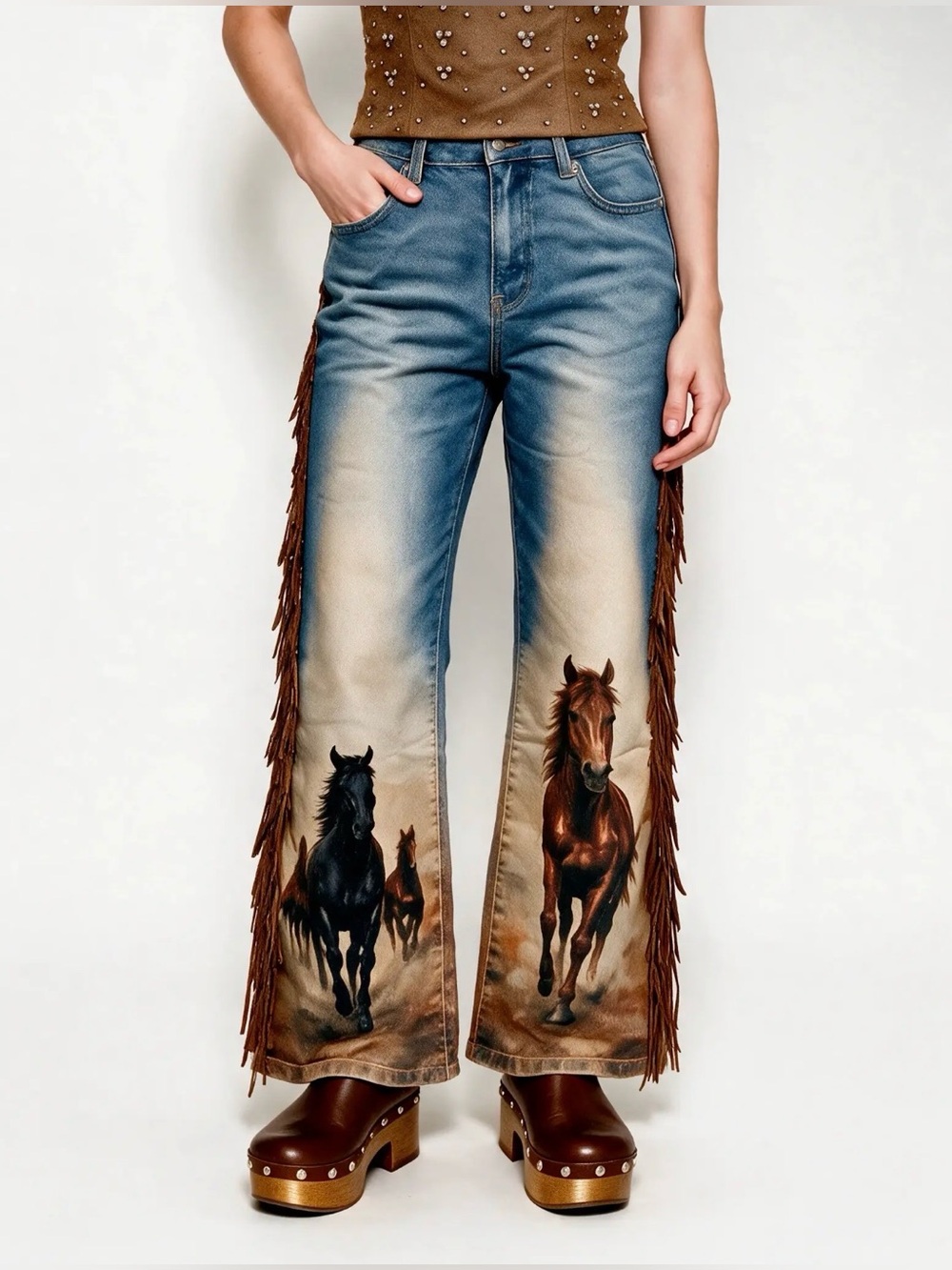 Blue B Women's Blue Western Denim Flared Jeans with Horse Print and Fringe